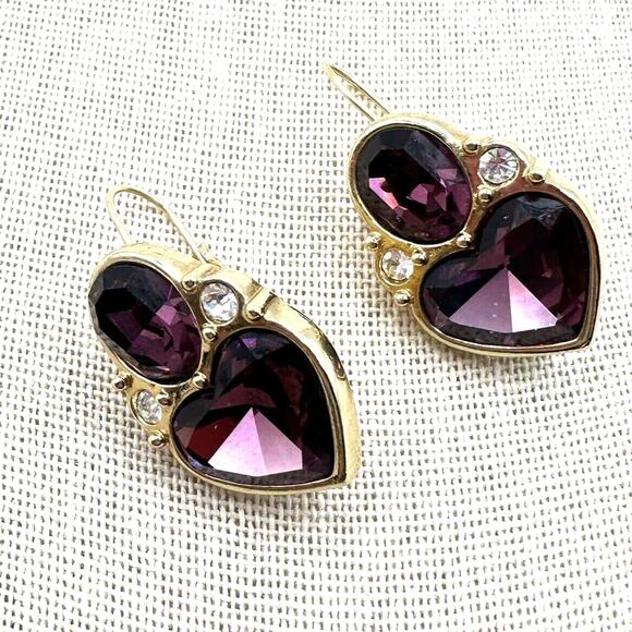 Swarovski Purple Gold Glass Heart Pierced Dangle Earrings Hinged Hook VTG 1" - Picture 1 of 6
